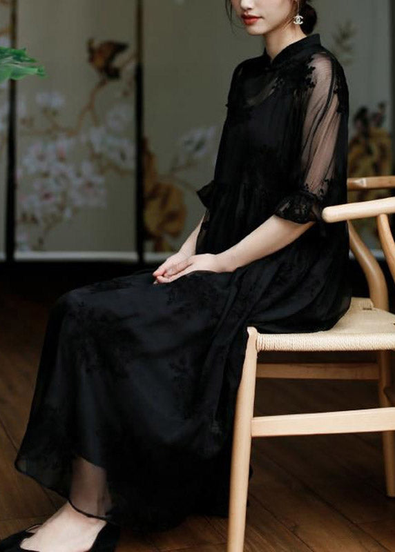 Floral Embroidered Mandarin Collar Sheer Organza Ruffle Cuff Sleeve Midi Dress