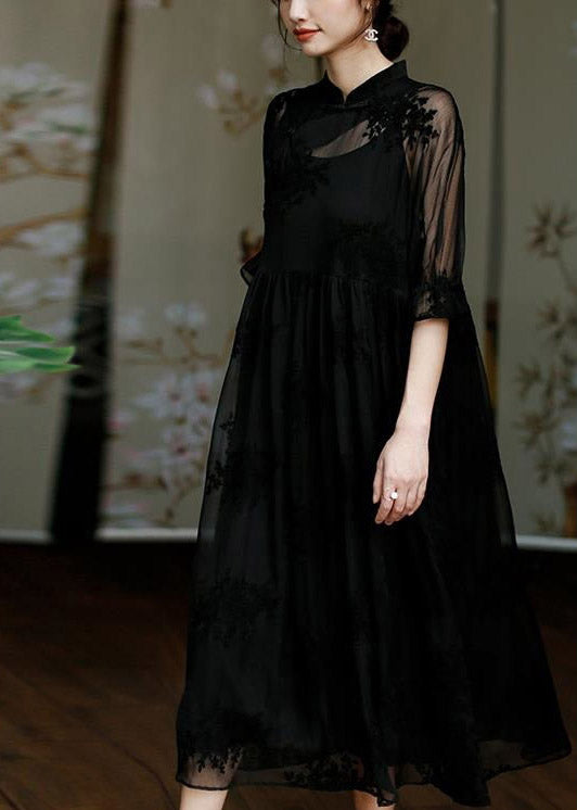 Floral Embroidered Mandarin Collar Sheer Organza Ruffle Cuff Sleeve Midi Dress
