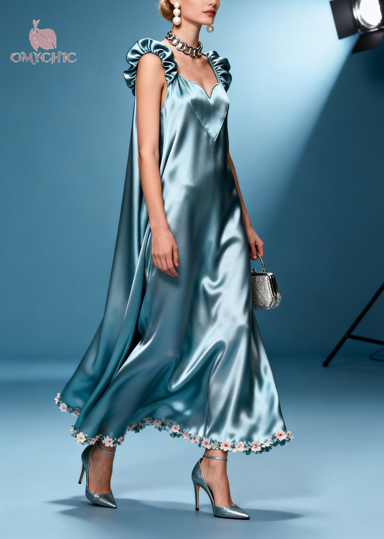 Satin Deep V-Neck Ruffle Strap Floral Trim Hem Maxi Gown