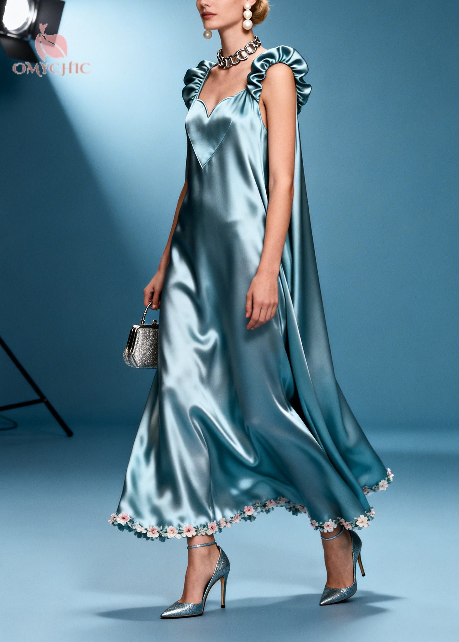 Satin Deep V-Neck Ruffle Strap Floral Trim Hem Maxi Gown