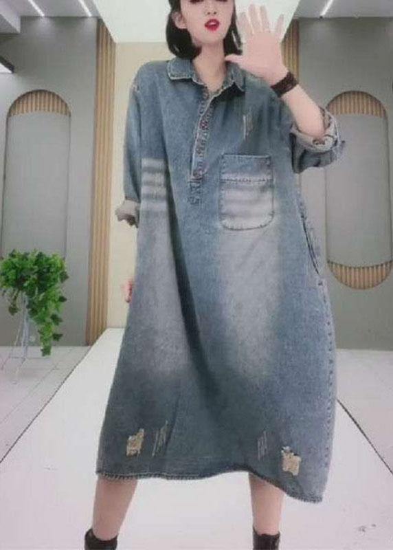 Denim Collared Button Chest Pocket Distressed Hem Oversized Long Sleeve Midi Dress