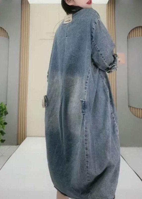 Denim Collared Button Chest Pocket Distressed Hem Oversized Long Sleeve Midi Dress