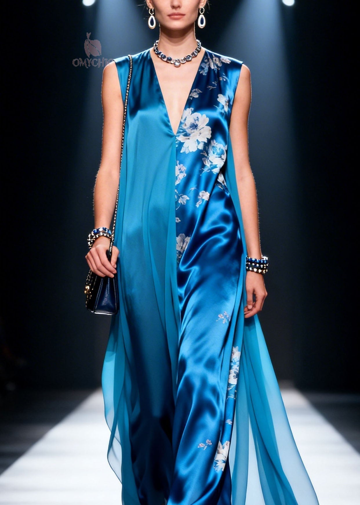 Floral Print Split Deep V-Neck Wide Leg Sheer Overlay Maxi Jumpsuit