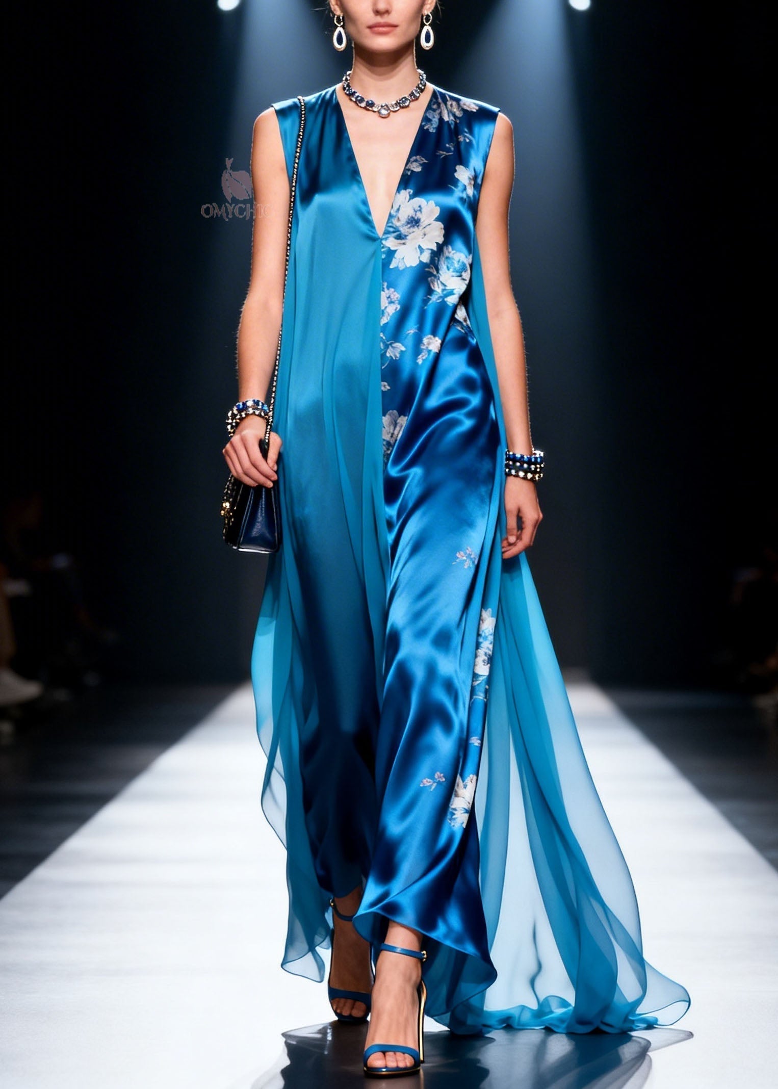 Floral Print Split Deep V-Neck Wide Leg Sheer Overlay Maxi Jumpsuit
