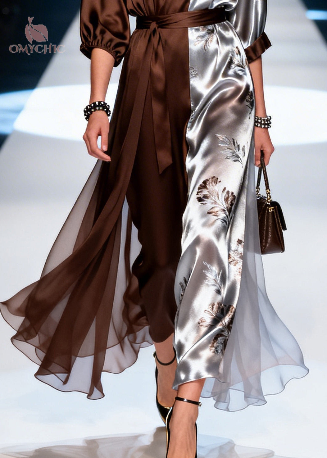 Floral Print Deep V-Neck Puff Sleeve Tie Belt Chiffon Hem Patchwork Maxi Dress