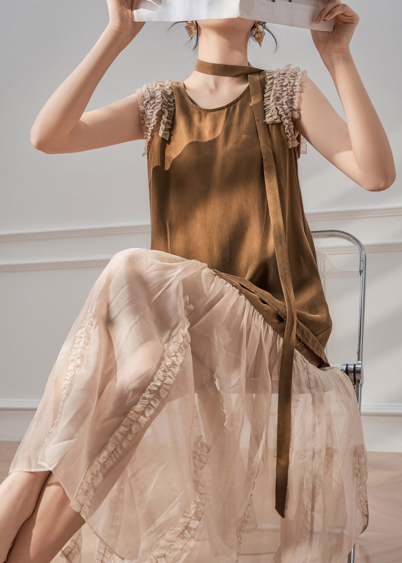 Natural Caramel O-Neck Ruffled Tulle Patchwork Maxi Dress Sleeveless 2