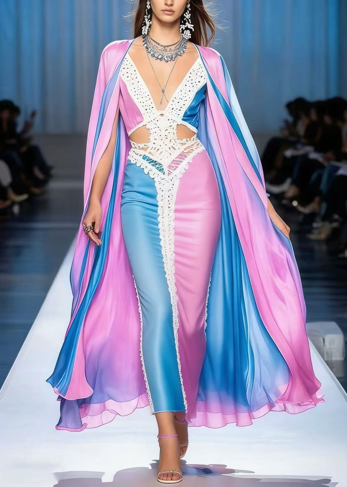 Deep V-Neck Cut Out Chiffon Lace Trim Waist Cape Panel Maxi Gown