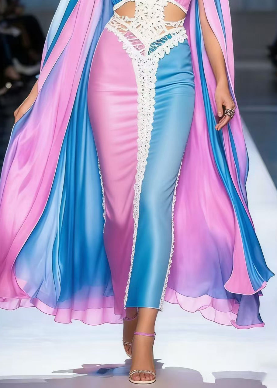 Deep V-Neck Cut Out Chiffon Lace Trim Waist Cape Panel Maxi Gown