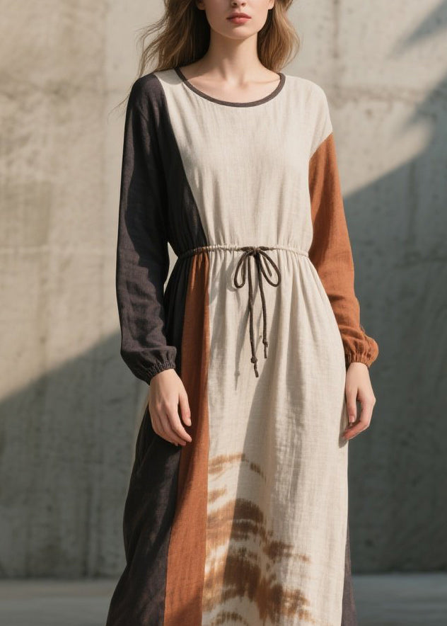 Long Sleeve Crew Neck Drawstring Waist Panel Midi Dress