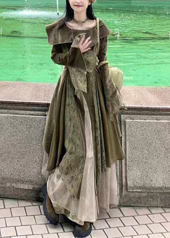 Velvet Lace Panel Button Front Bell Sleeve Layered Maxi Gown