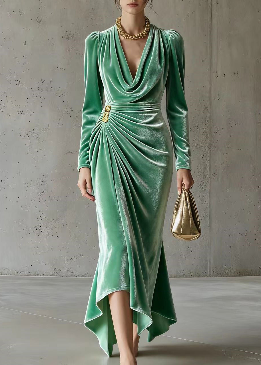 Velvet Cowl Neck Long Sleeve Ruched Button Asymmetric High Low Maxi Gown