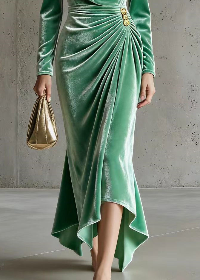 Velvet Cowl Neck Long Sleeve Ruched Button Asymmetric High Low Maxi Gown