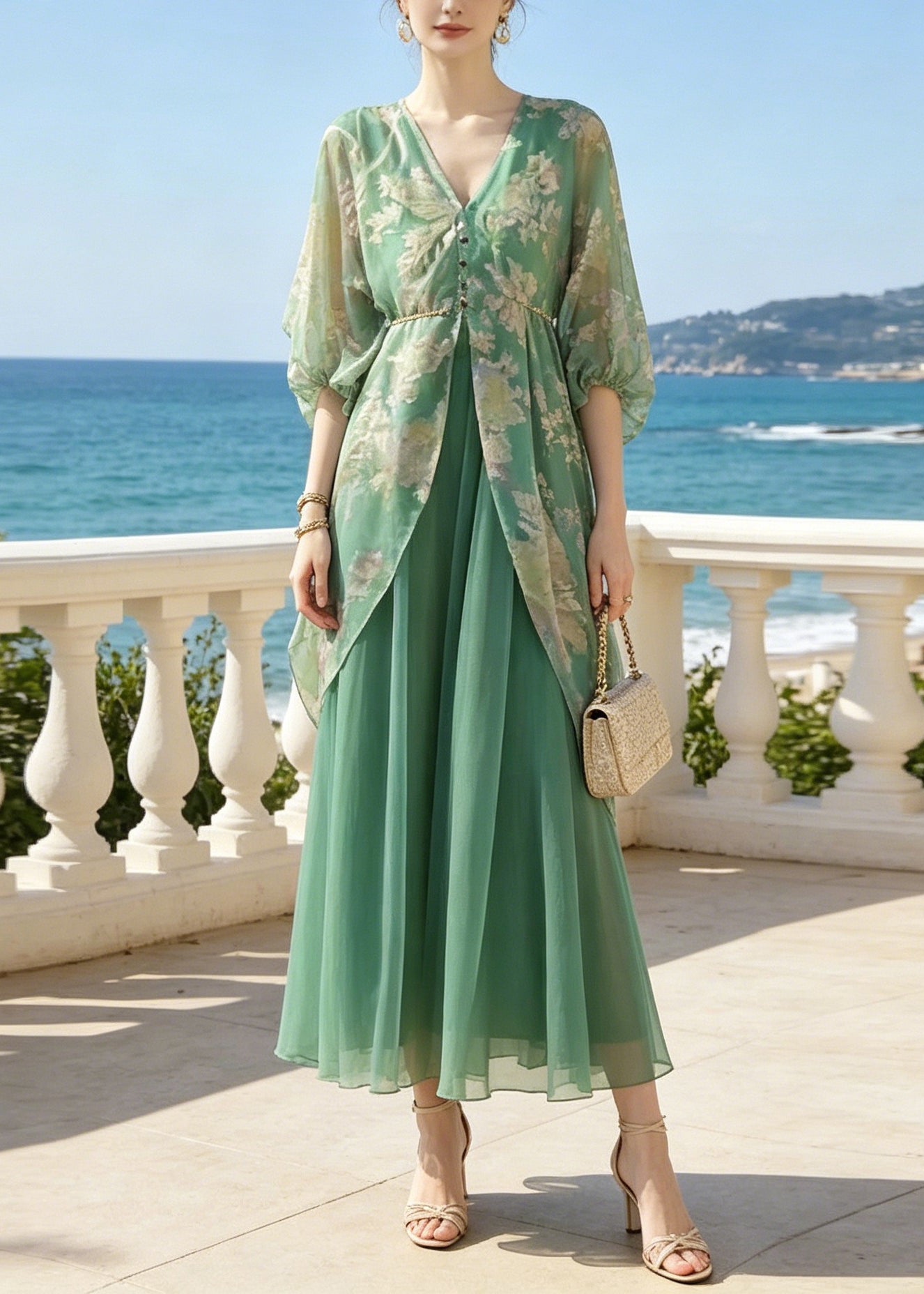 Natural Green V Neck Print Patchwork Party Chiffon Long Dress Lantern Sleeve