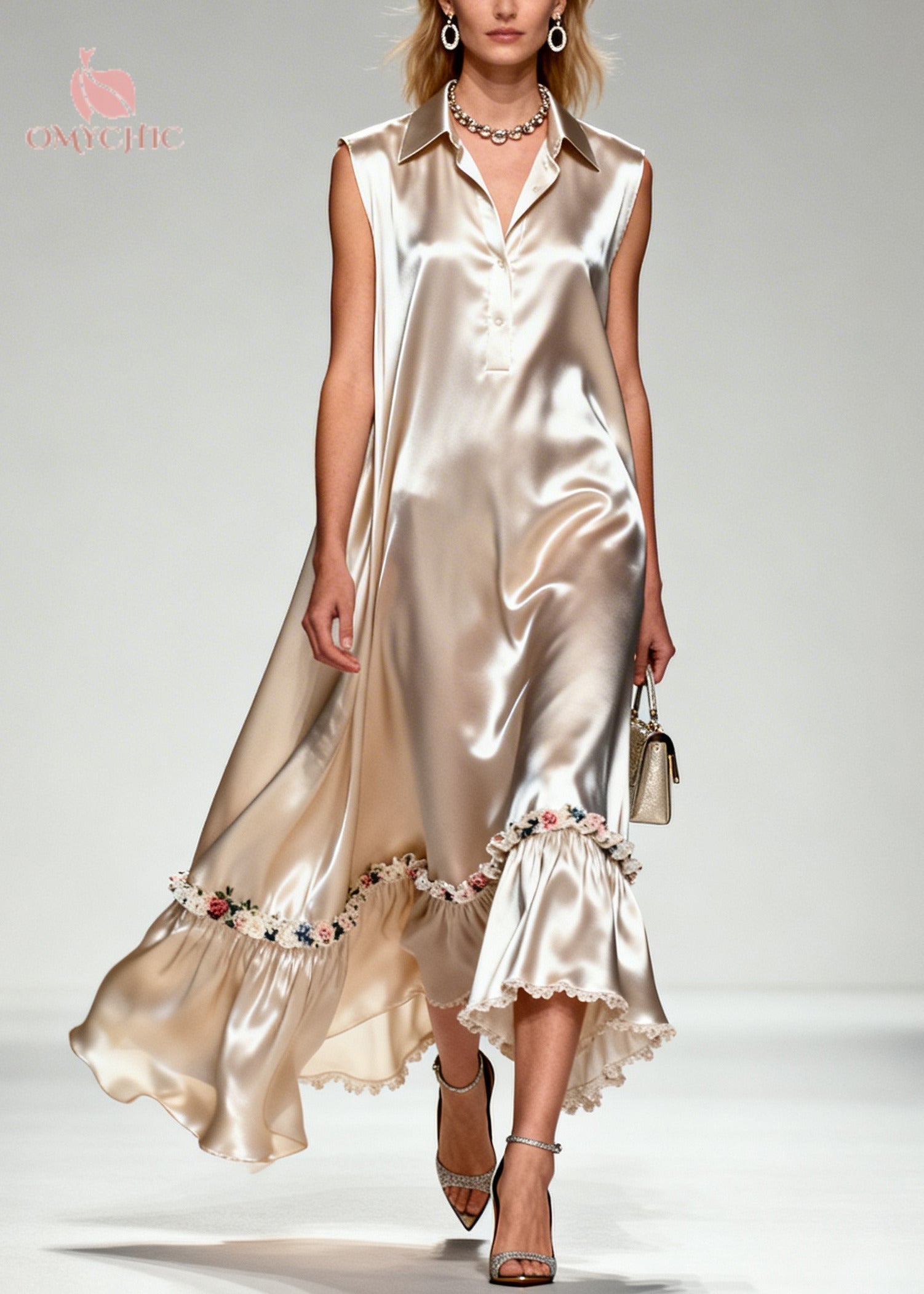 Satin Collar Button Placket Sleeveless Ruffle Hem Floral Embroidery Lace Trim Maxi Dress