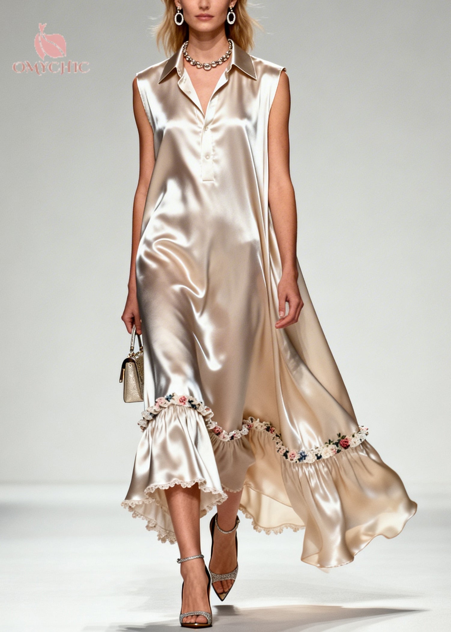Satin Collar Button Placket Sleeveless Ruffle Hem Floral Embroidery Lace Trim Maxi Dress