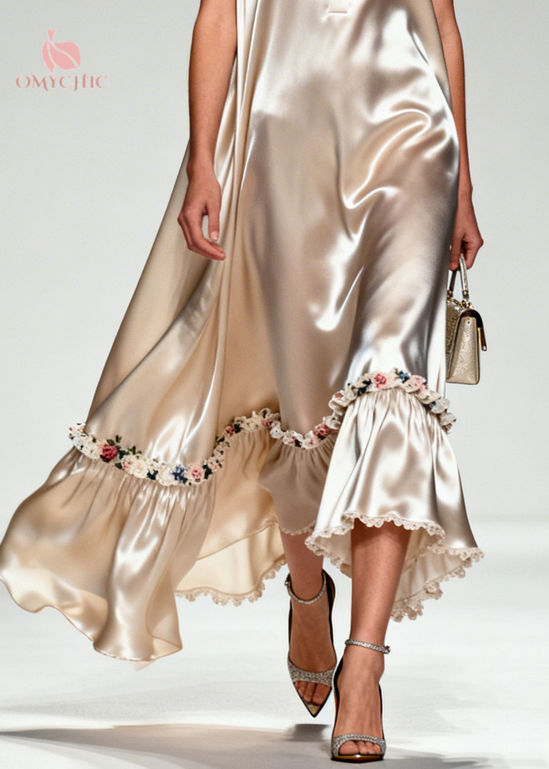 Satin Collar Button Placket Sleeveless Ruffle Hem Floral Embroidery Lace Trim Maxi Dress