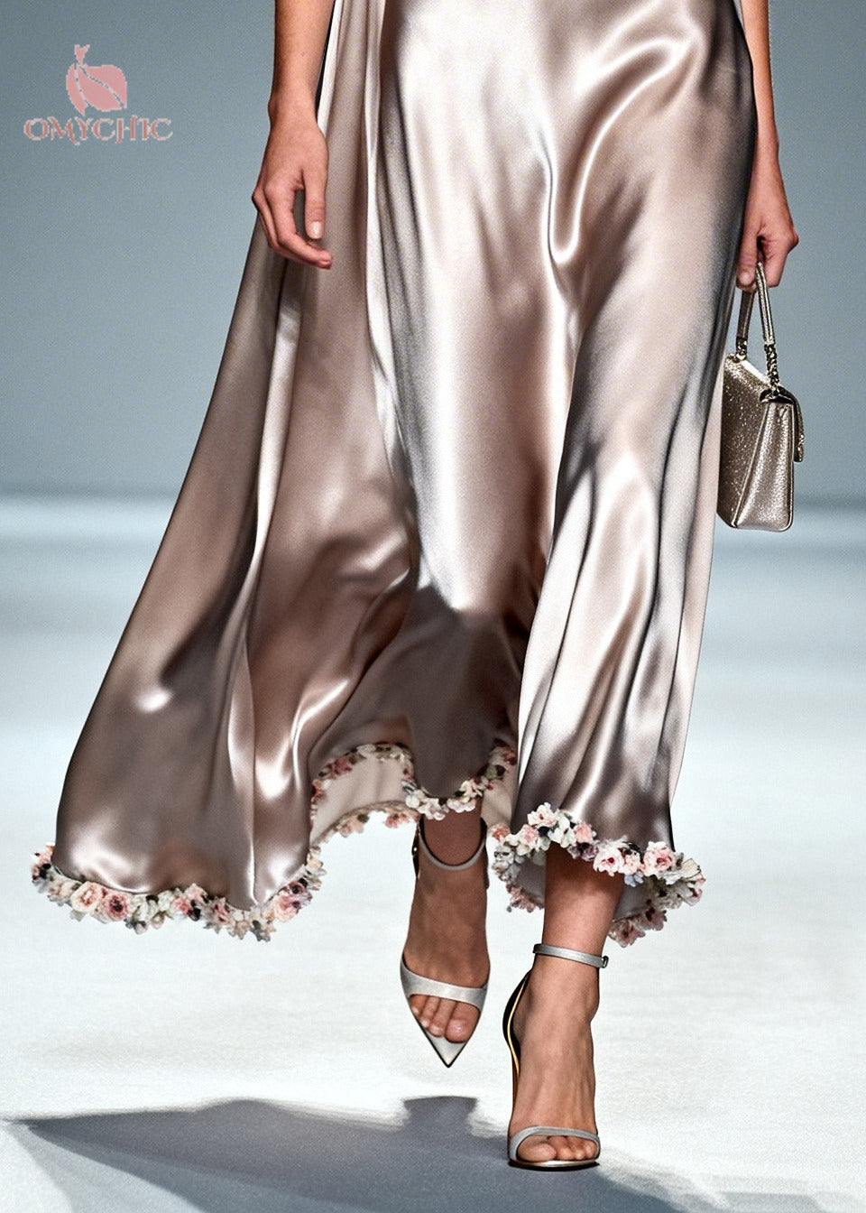 Floral Border Cowl Neck Cape Drape Sleeveless Satin Maxi Gown