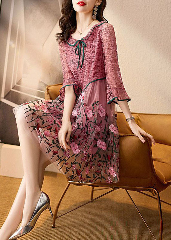 Lace Keyhole Bow Neck Bell Sleeve Embroidered Tulle Fit and Flare Midi Dress