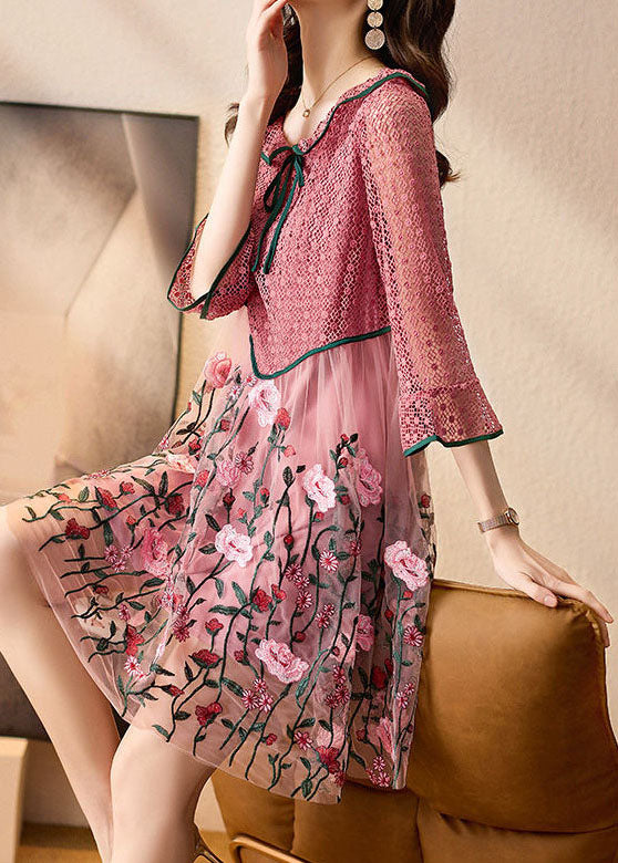 Lace Keyhole Bow Neck Bell Sleeve Embroidered Tulle Fit and Flare Midi Dress