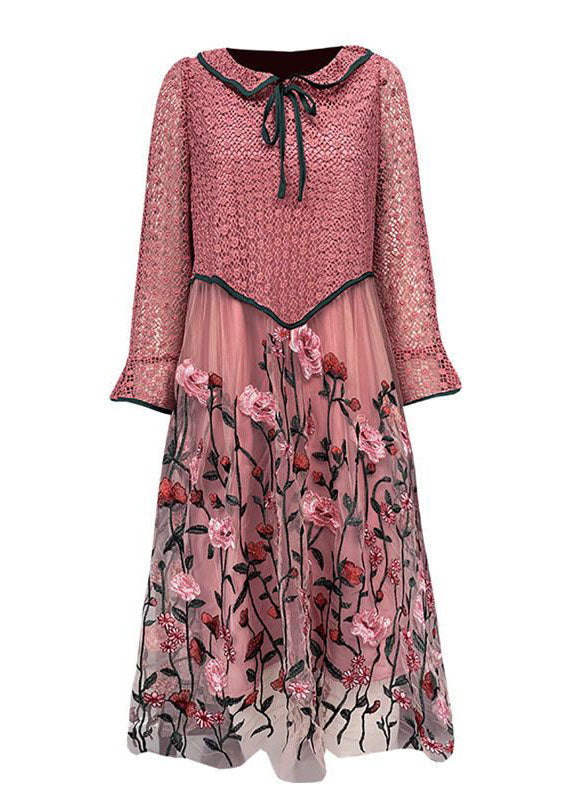 Natural Pink Embroideried Patchwork Tulle Mid Dress Spring
