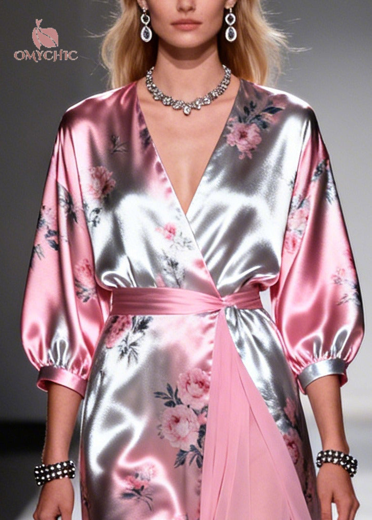 Satin Floral Print Deep V-Neck Puff Sleeve Chiffon Drape Panel Wrap Maxi Gown