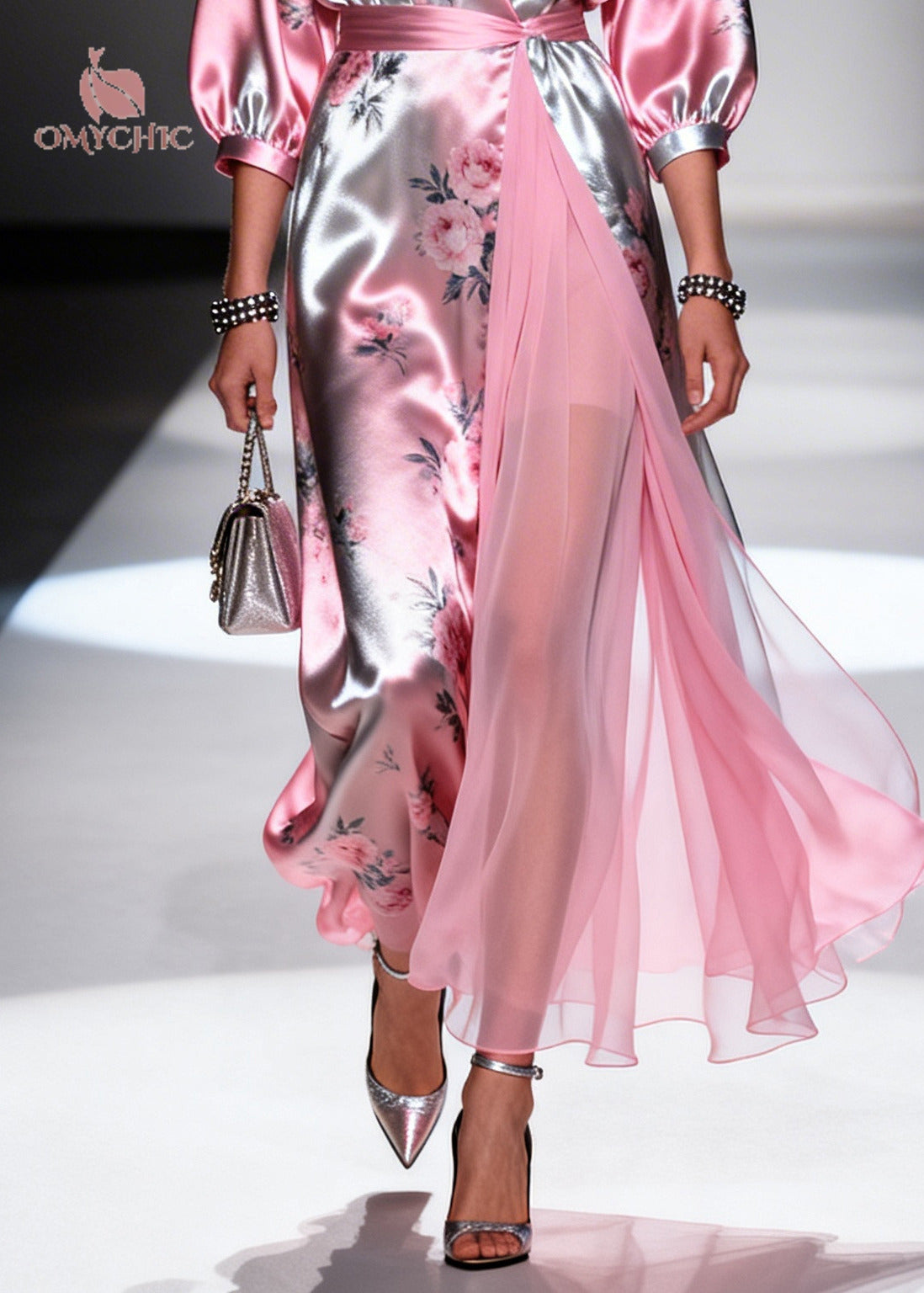 Satin Floral Print Deep V-Neck Puff Sleeve Chiffon Drape Panel Wrap Maxi Gown