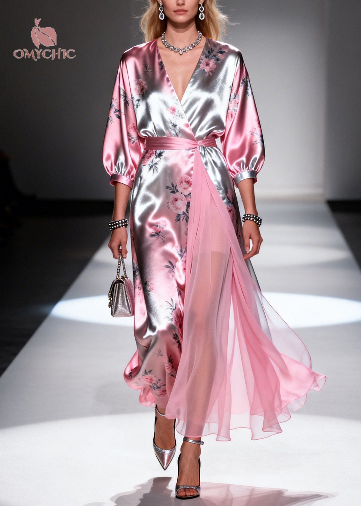 Satin Floral Print Deep V-Neck Puff Sleeve Chiffon Drape Panel Wrap Maxi Gown