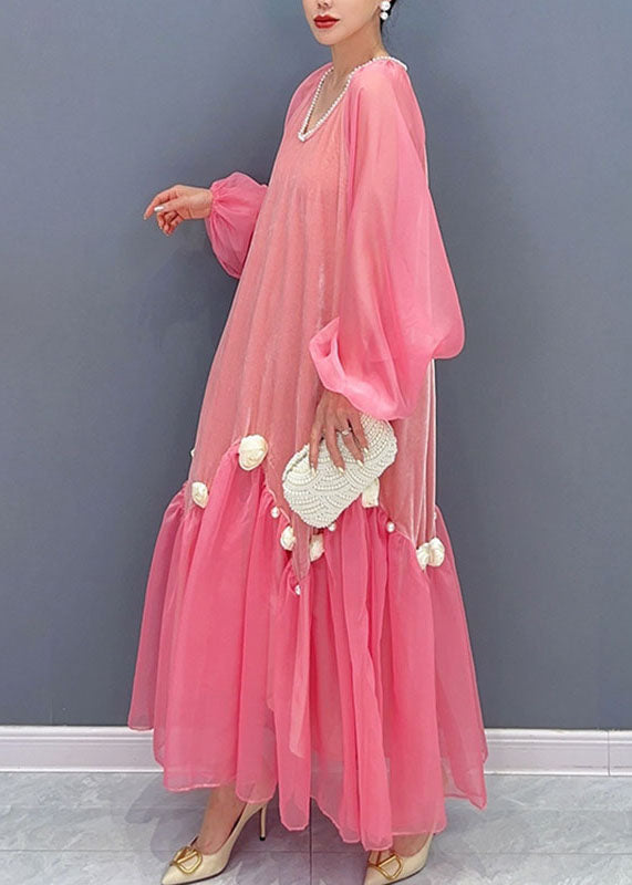 Natural Pink V Neck Tulle Patchwork Silk Velour Maxi Dress Long Sleeve - View 3