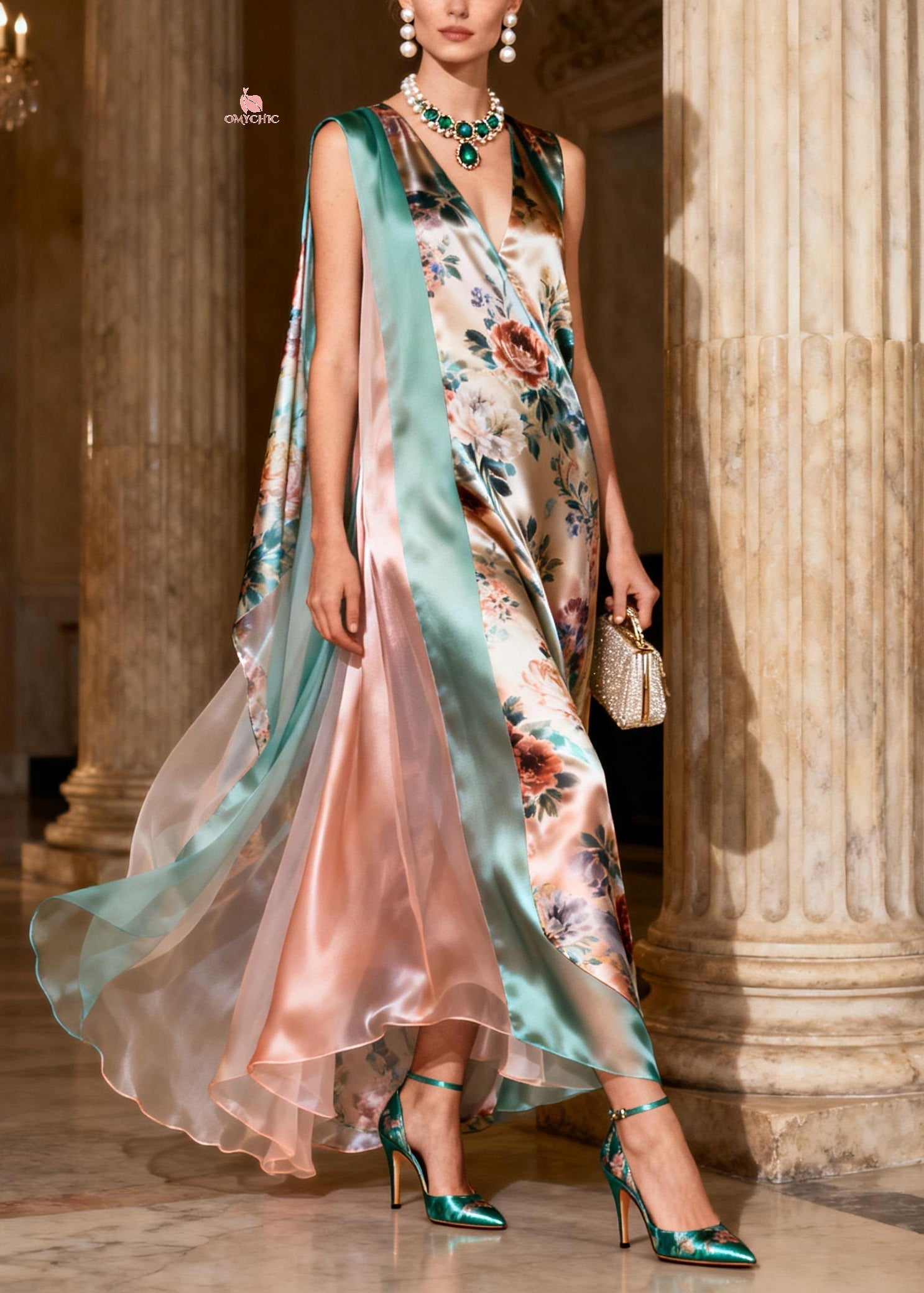 Floral Print Sleeveless V-Neck Sheer Cape Panel High Low Maxi Gown