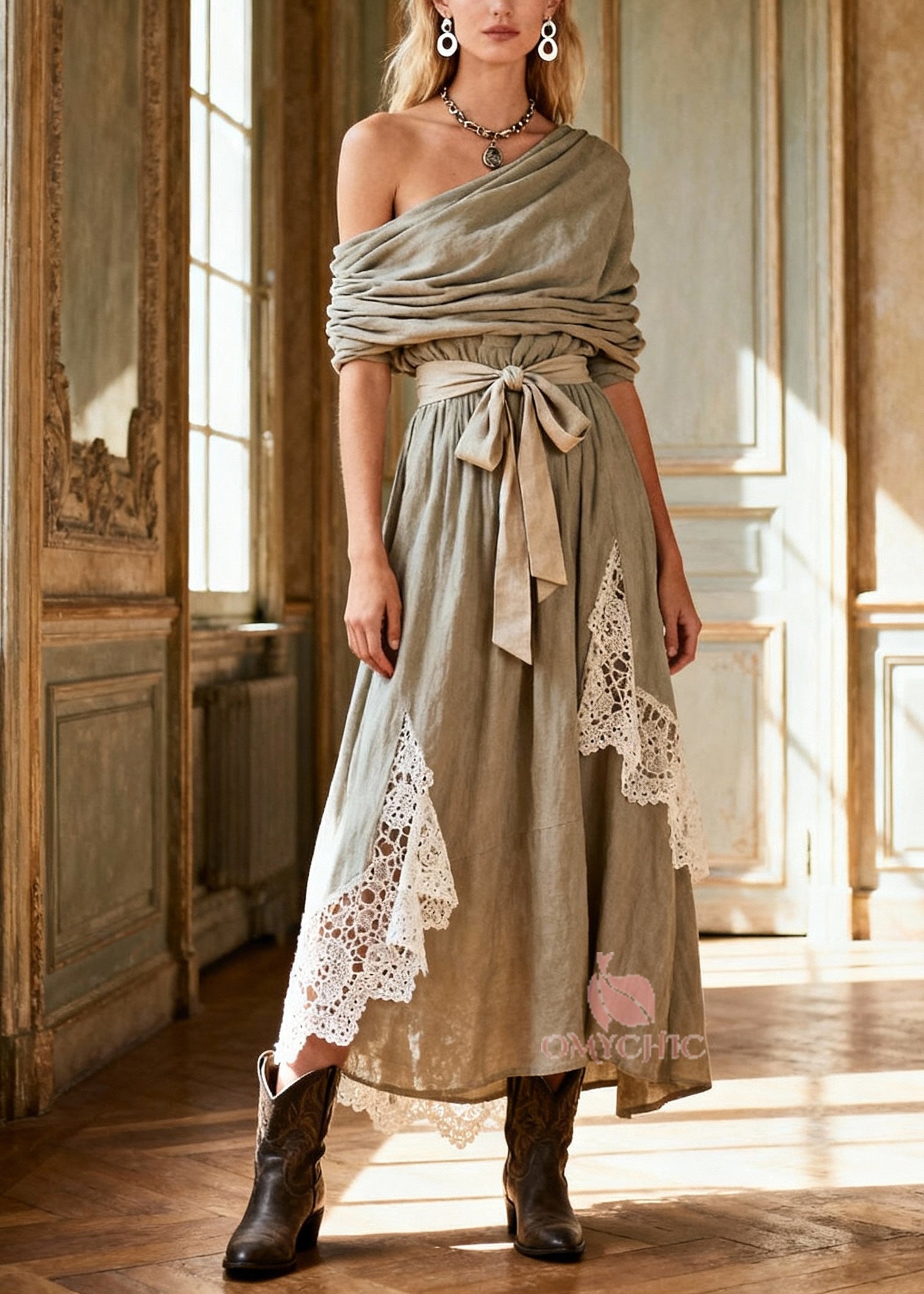 One Shoulder Draped Tie Waist Lace Panel Insert Linen Maxi Dress