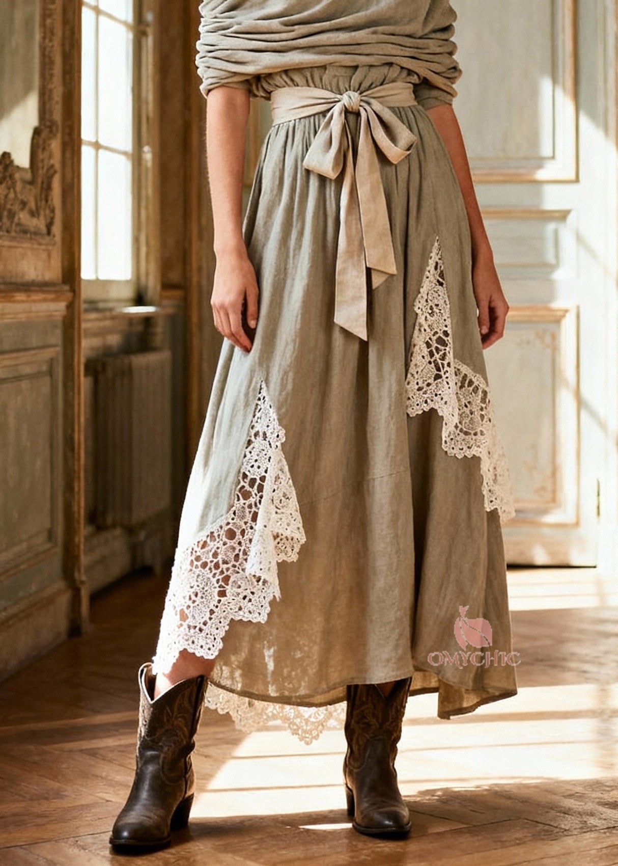 One Shoulder Draped Tie Waist Lace Panel Insert Linen Maxi Dress