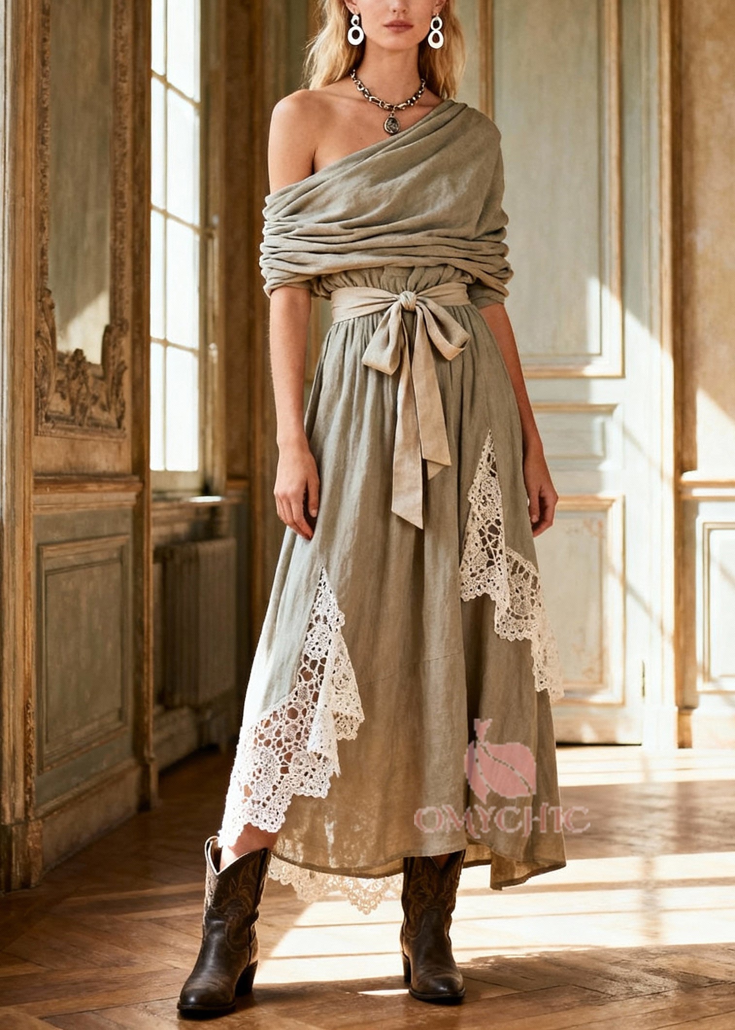 One Shoulder Draped Tie Waist Lace Panel Insert Linen Maxi Dress