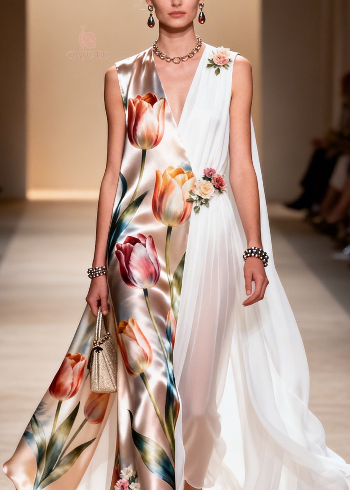 Tulip Floral Satin Chiffon Panel Deep V-Neck Cape Sleeve Sleeveless Maxi Gown