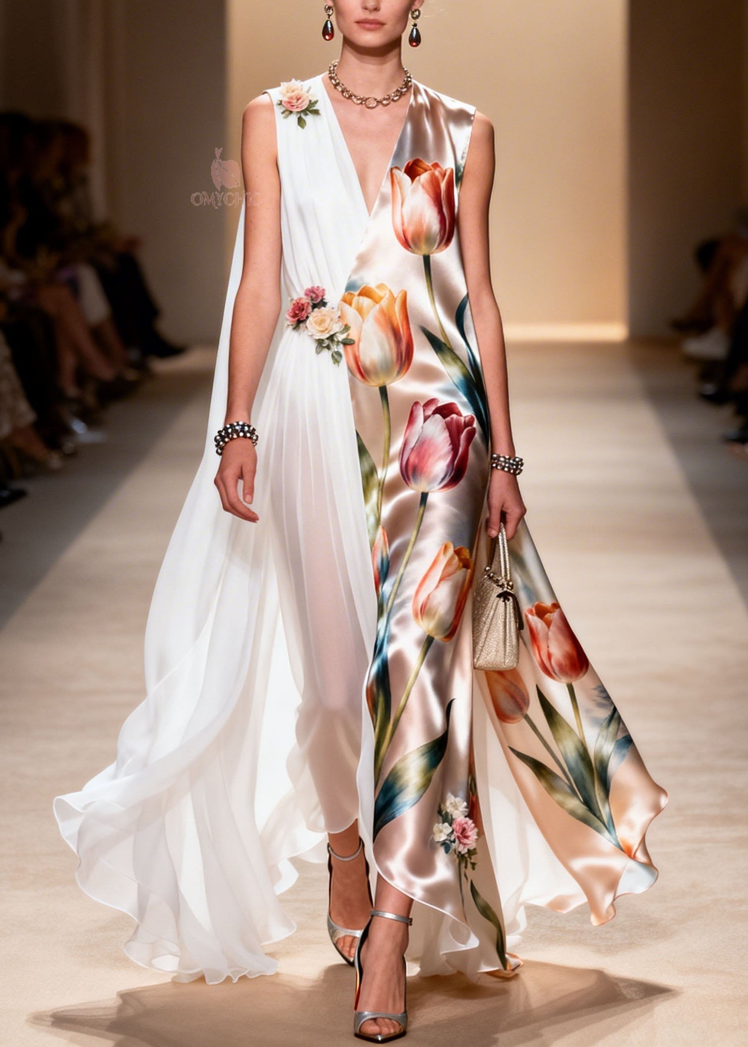 Tulip Floral Satin Chiffon Panel Deep V-Neck Cape Sleeve Sleeveless Maxi Gown