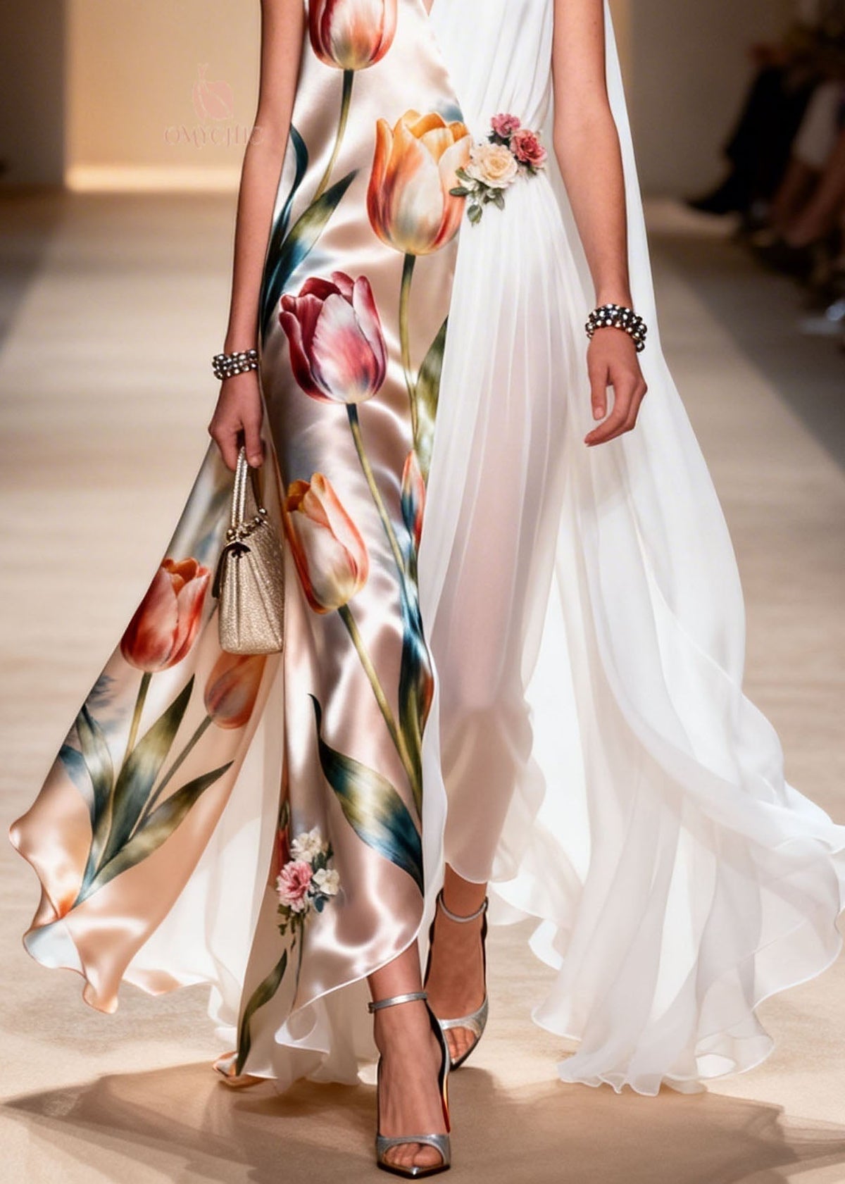 Tulip Floral Satin Chiffon Panel Deep V-Neck Cape Maxi Gown - View 4