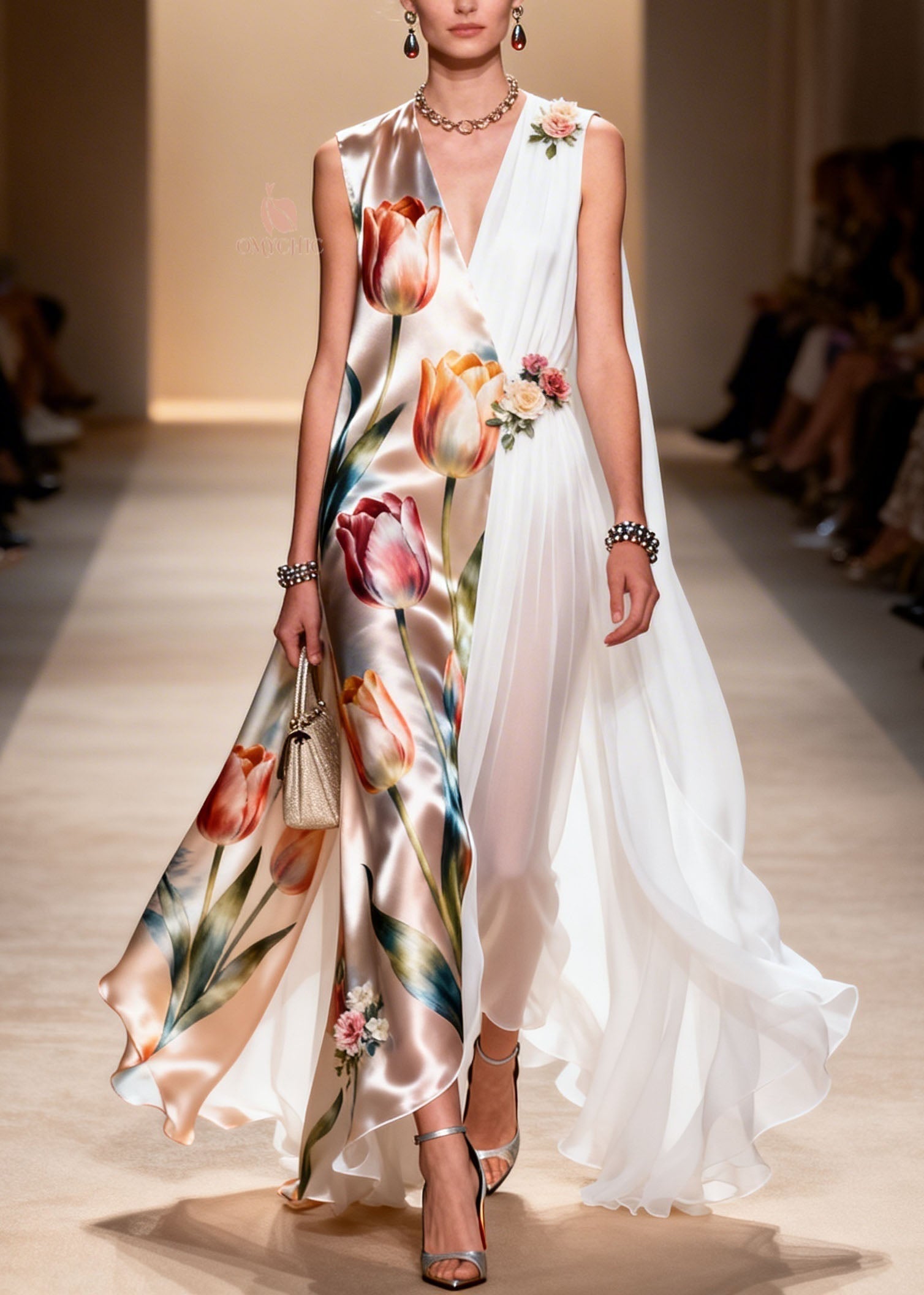 Tulip Floral Satin Chiffon Panel Deep V-Neck Cape Sleeve Sleeveless Maxi Gown