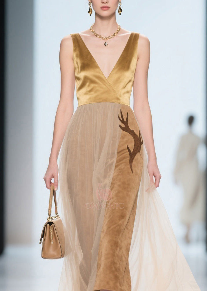 V-Neck Sleeveless Satin Velvet Antler Applique Tulle Overlay Midi Dress