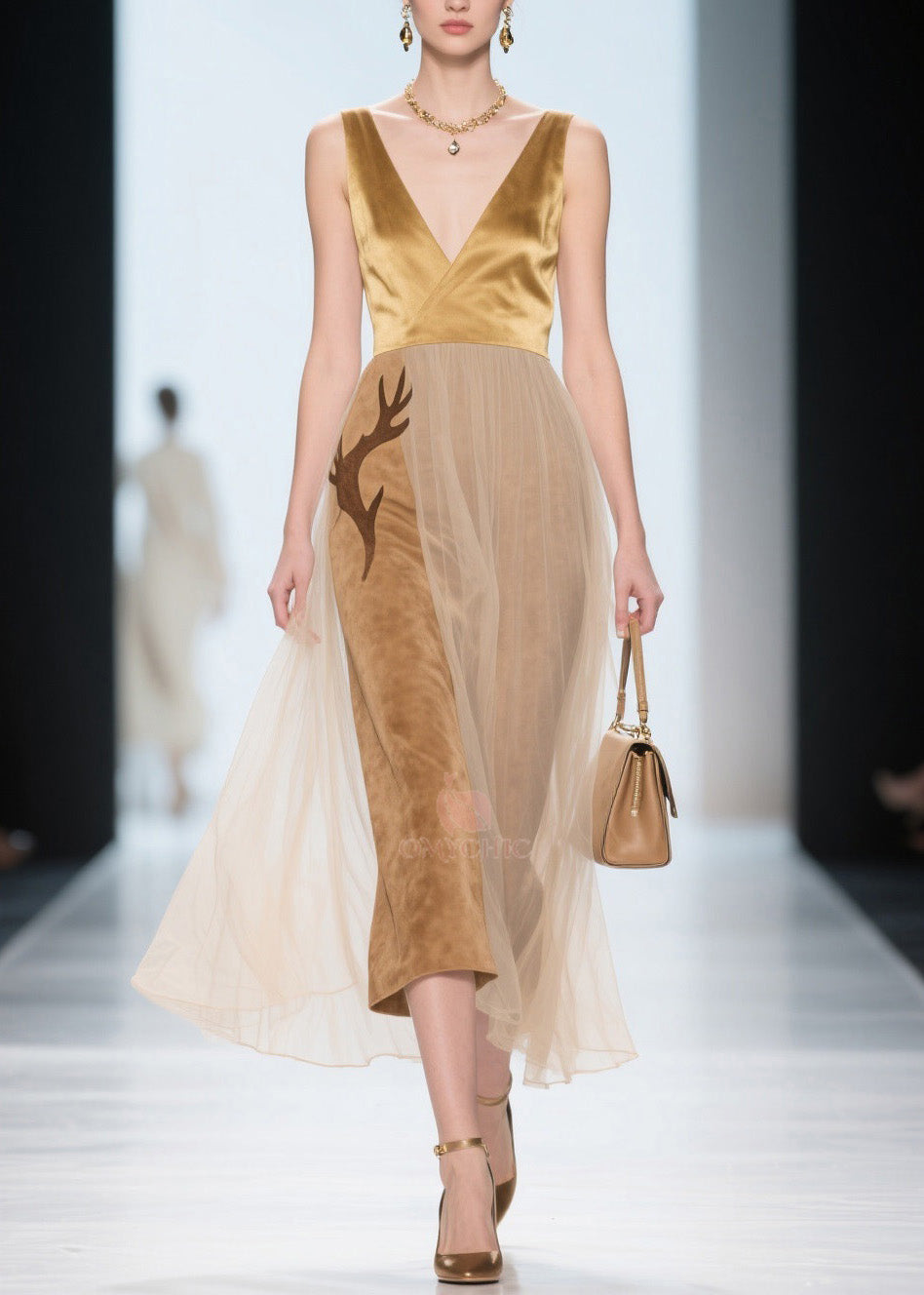 V-Neck Sleeveless Satin Velvet Antler Applique Tulle Overlay Midi Dress