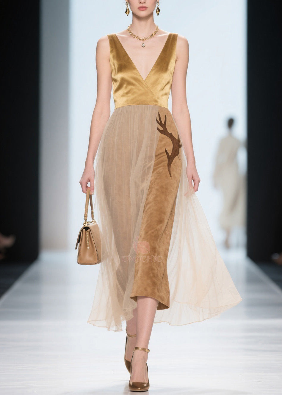 V-Neck Sleeveless Satin Velvet Antler Applique Tulle Overlay Midi Dress