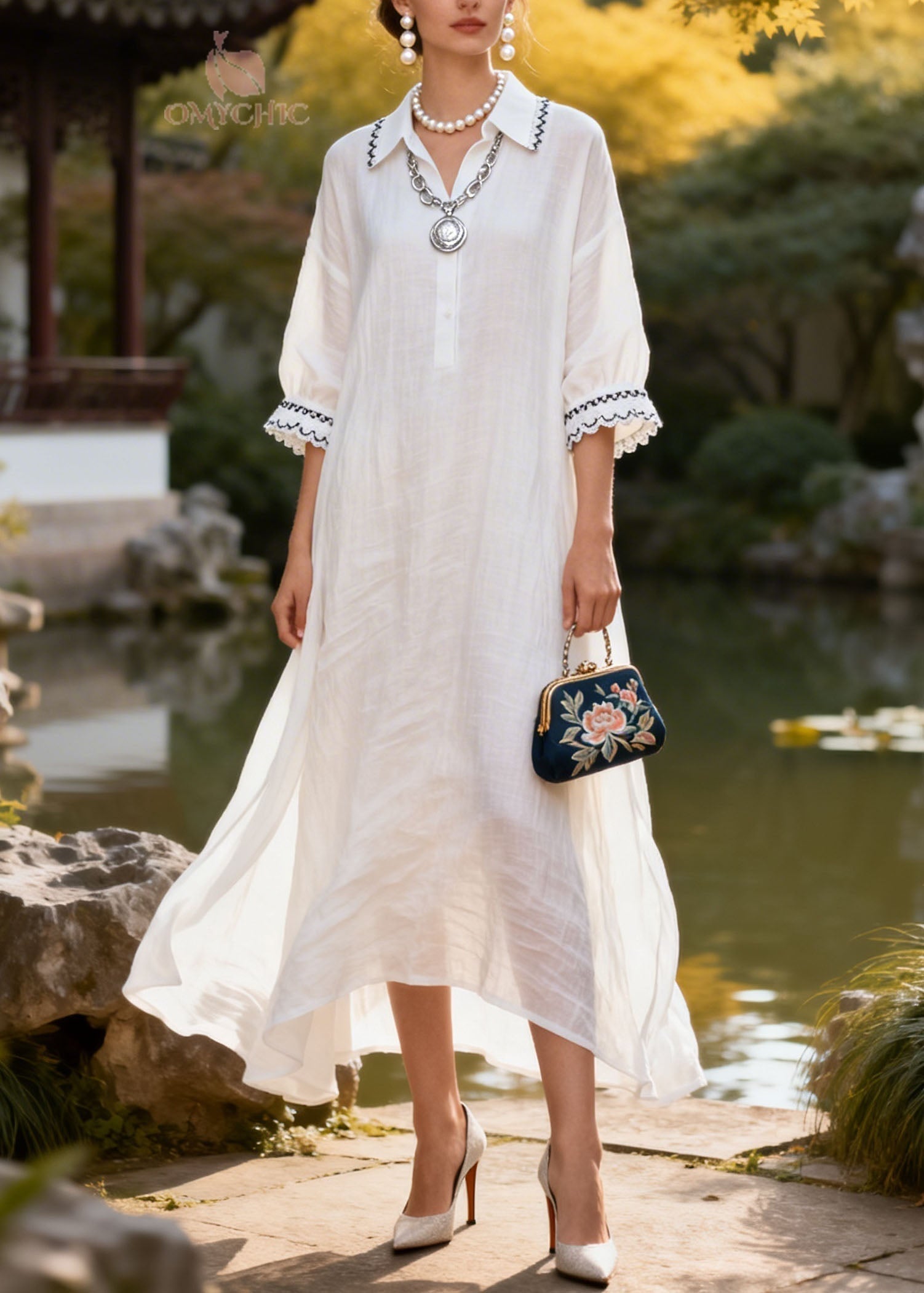 Lace Trim Collar Three Quarter Sleeve Button Front High Low Hem Midi Dress
