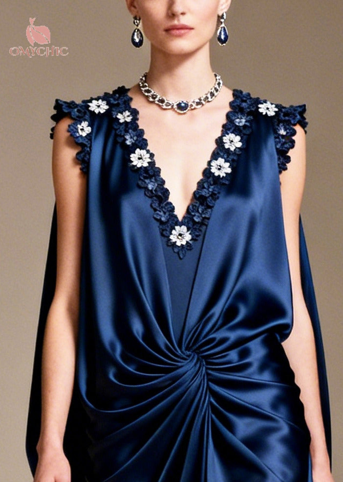 Sleeveless Deep V-Neck Floral Applique Twisted Waist Cape Back High Split Gown
