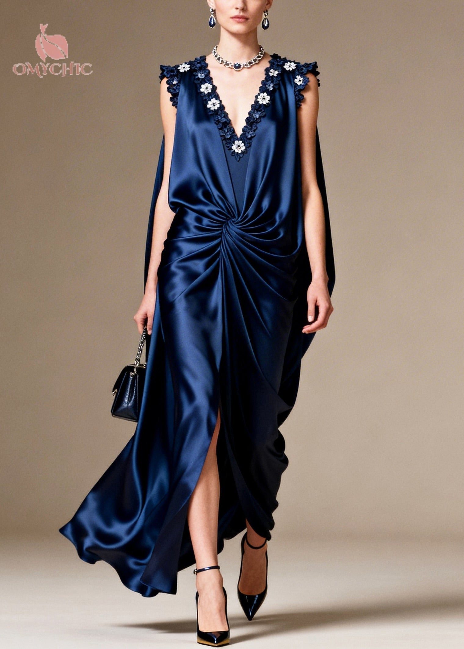 Sleeveless Deep V-Neck Floral Applique Twisted Waist Cape Back High Split Gown