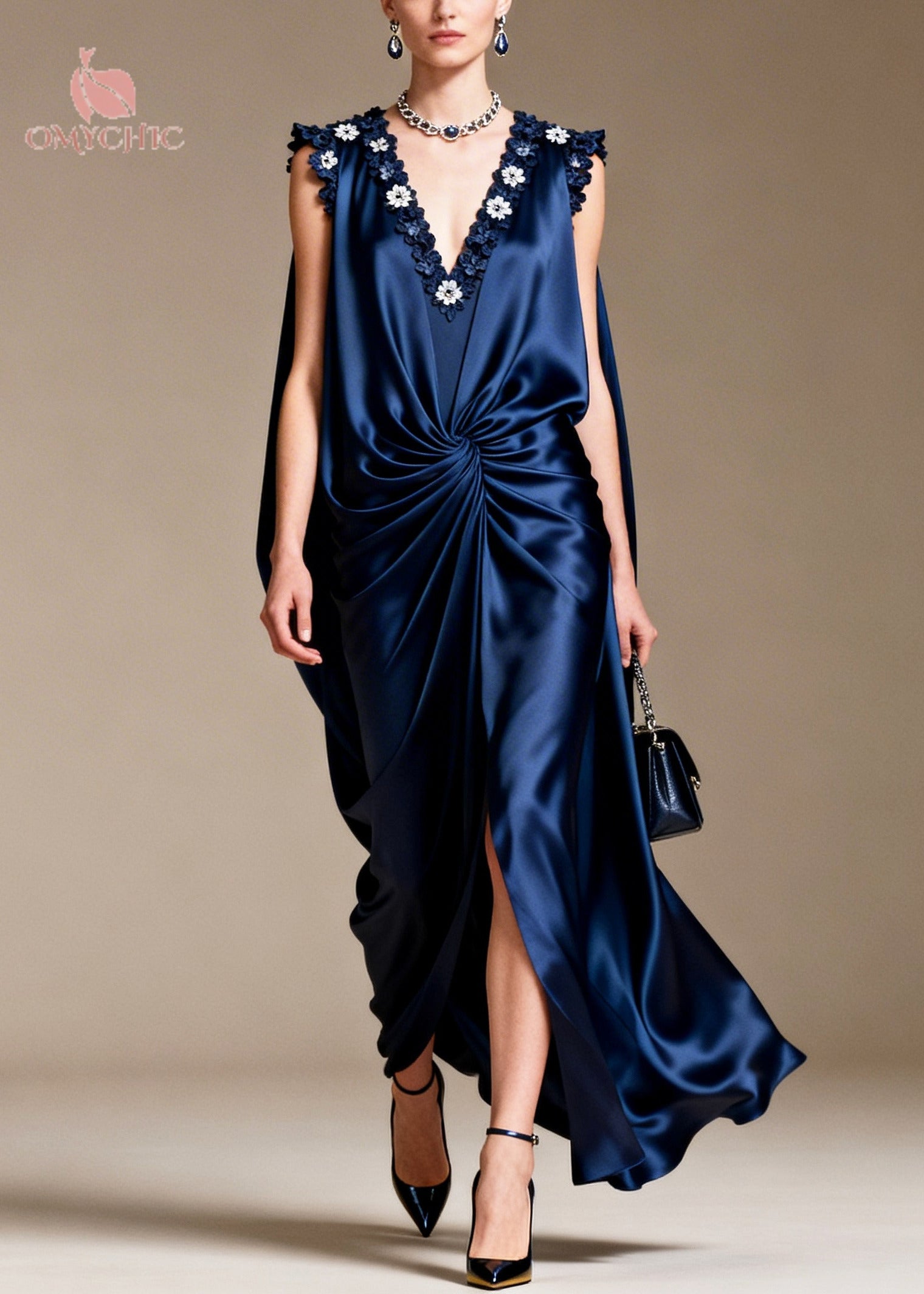 Sleeveless Deep V-Neck Floral Applique Twisted Waist Cape Back High Split Gown