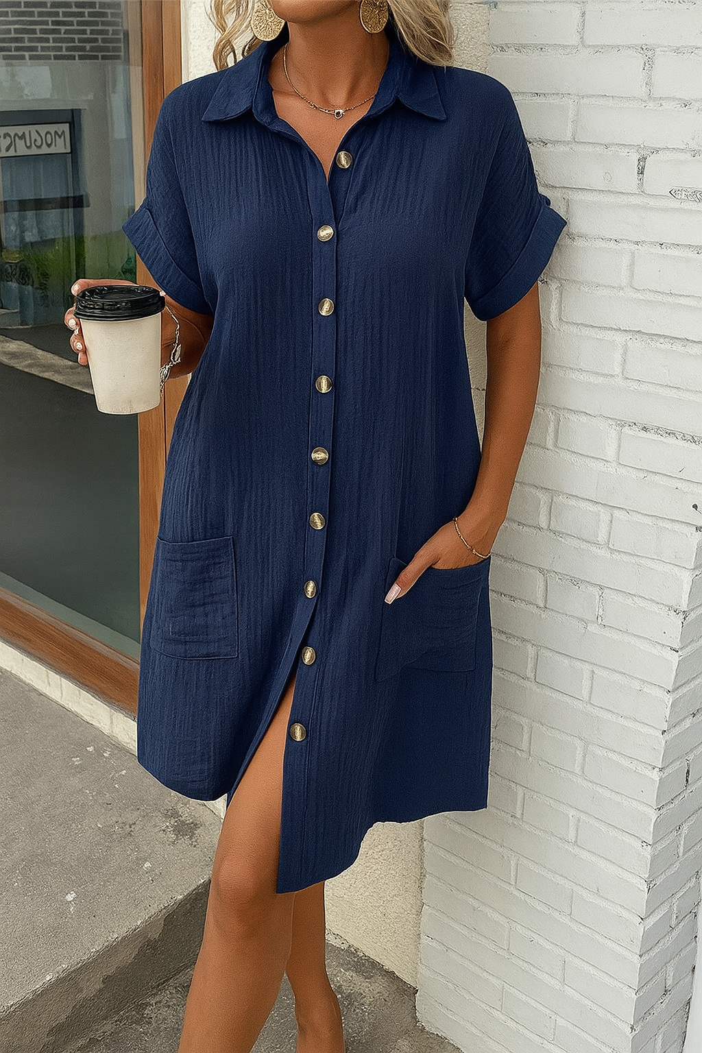Textured Gauze Button Front Short Sleeve Shirt Dress