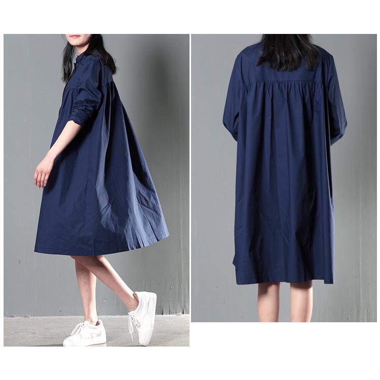 Navy blue oversize women linen shirt dress plus size cotton blouse top