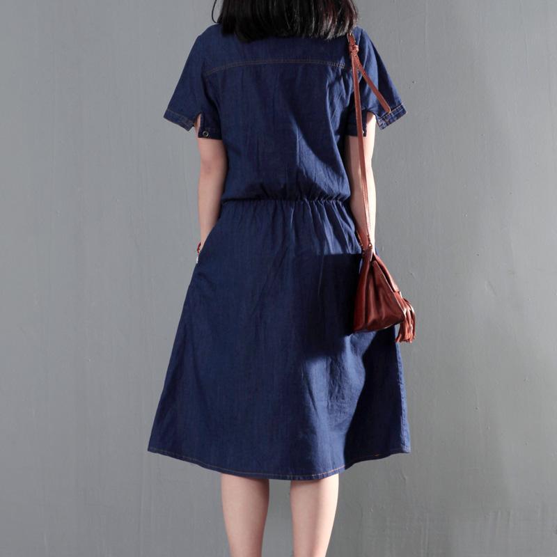 Navy blue summer denim dress tunic casual denim sundress plus size thin for summer