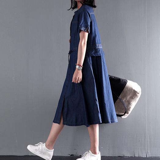 Navy blue summer denim maxi dress plus size denim sundress short sleeve fit flare dress