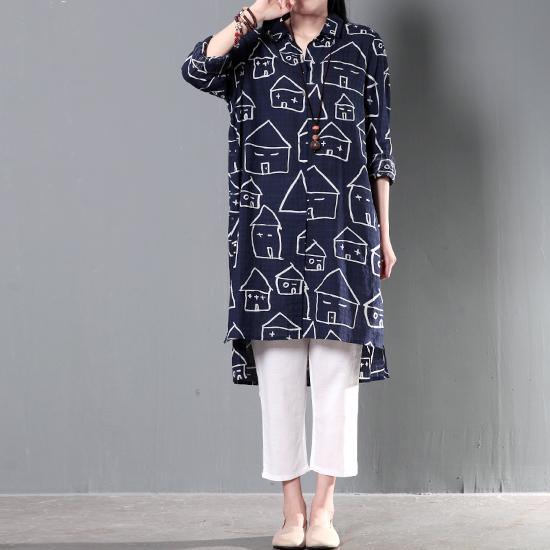 Navy happy house print cotton shirt dress summer shift dresses asymmetrical sundress