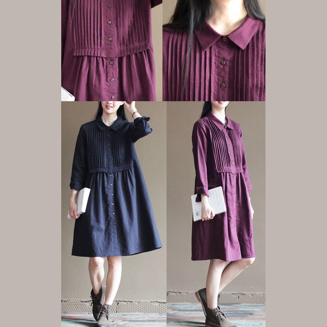 Navy pleated breast cotton dresses original design linen dress