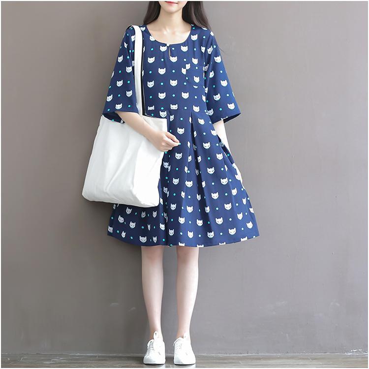 Navy plus size fox print sundress cotton summer dresses linen dress oversize